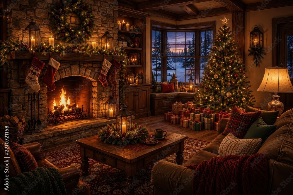 Obraz premium Cozy rustic Christmas living room with fireplace and tree