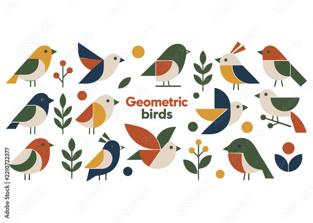 Obraz premium Geometric birds set. Minimalist colorful abstract set on a white background
