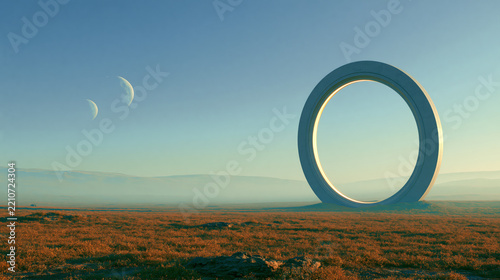 Surreal landscape with large glowing circle and crescent shapes in sky