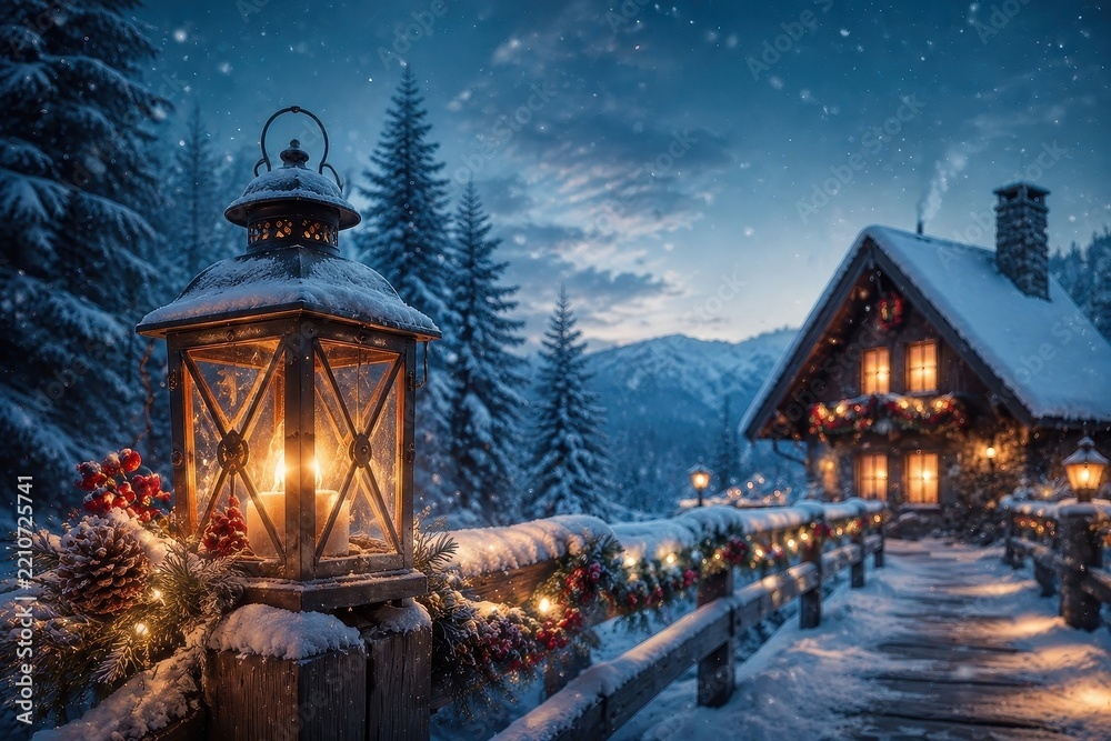 Fototapeta premium Cozy snow covered cabin glowing beside a winter mountain path