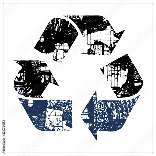 Weathered recycling badge of three chasing arrows with distressed ink texture in black and navy. This eco loop works as a stencil cutout for sustainability branding and zero waste mes