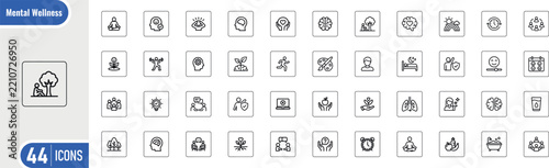Mental wellness icons lineart collection vector set featuring mindfulness health meditation relaxation selfcare happiness emotional and therapy symbols