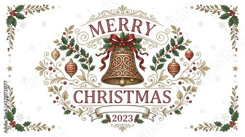 Vintage christmas illustration with ornate bell and festive botanical elements in a circular frame