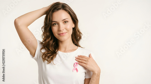 Reast cancer awareness month young woman with pink breast cancer awareness ribbon isolated on white background