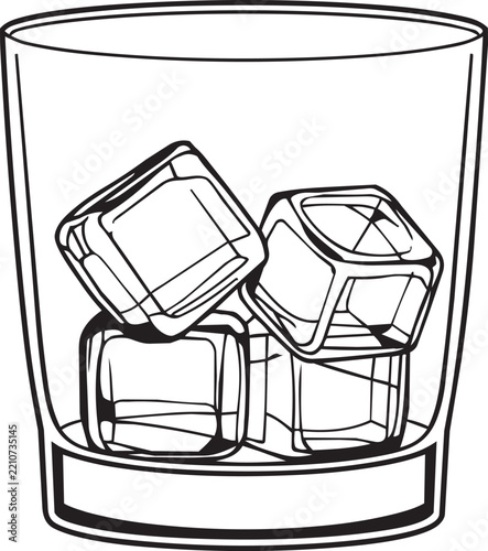 Minimalist Whiskey Tumbler Glass with Ice Cubes Line Art Vector Illustration