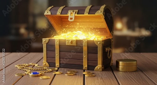 Open wooden treasure chest filled with glowing gold coins and jewelry on a wooden table