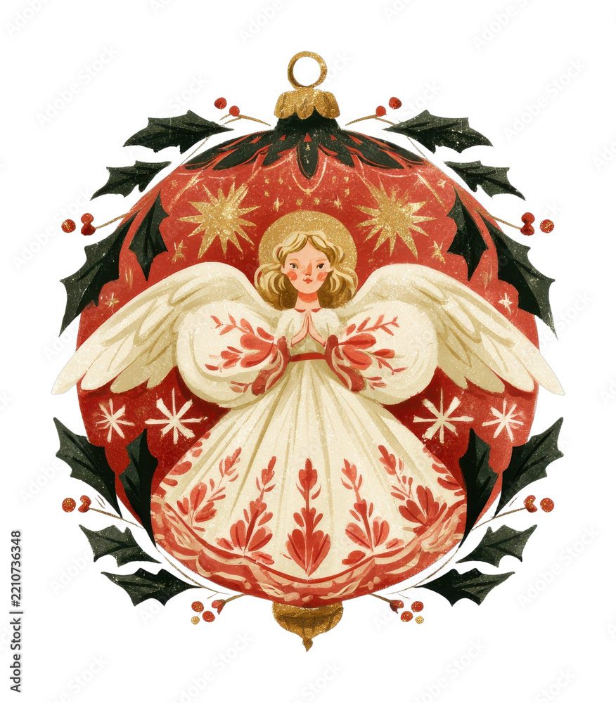 Obraz premium PNG Festive blonde angel woman ornament with holly and red holiday design