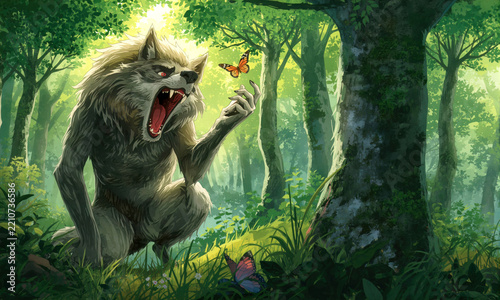 Ferocious Werewolf Encountering A Delicate Butterfly In A Lush Green Sunlit Forest