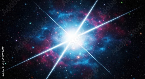 Bright starburst explosion in deep space with vibrant blue and red nebula gas clouds background