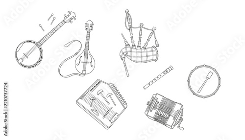 Diverse traditional musical instruments in a line art sketch collection