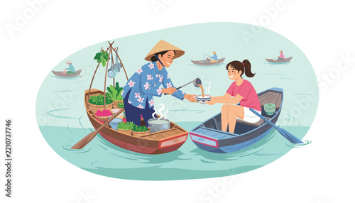 Floating market scene with a woman serving food to a customer