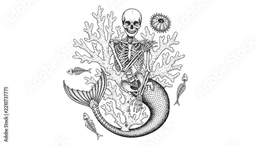Skeleton mermaid illustration with fish tail and human torso