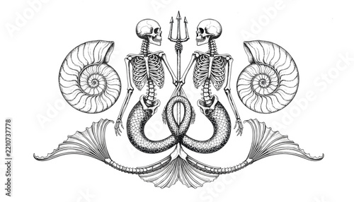 Mermaid skeleton among coral and fish bones in a nautical scene