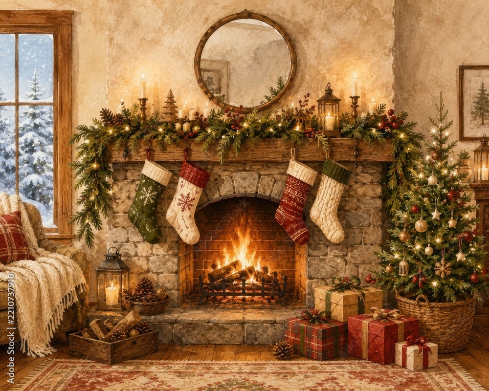 Obraz premium Cozy rustic Christmas living room with fireplace and tree