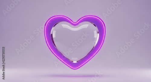Glowing neon purple heart shape with a transparent glass center on light background