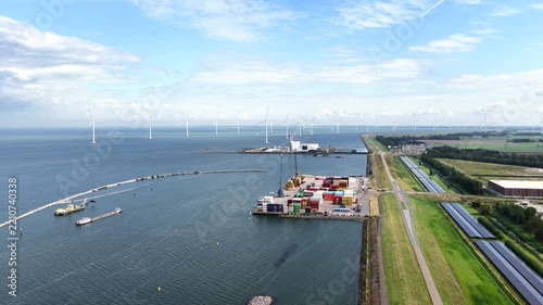 Aerial view of a container terminal near Lelystad on the IJsselmeer