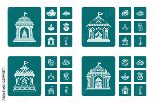 Ganesh Chaturthi icon set featuring temple and traditional ritual elements 1.