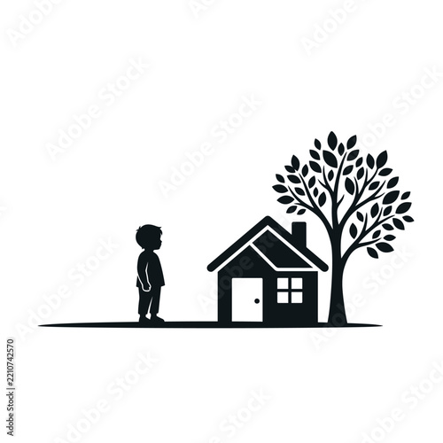 Child Standing Beside House and Tree – Family Home, Childhood and Sustainable Living Concept