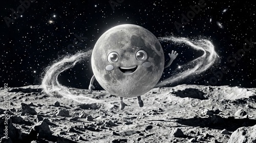 Cute moon character floating above rocky lunar landscape waving hello