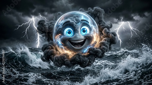 Cute storm character hovering above turbulent ocean waves with lightning