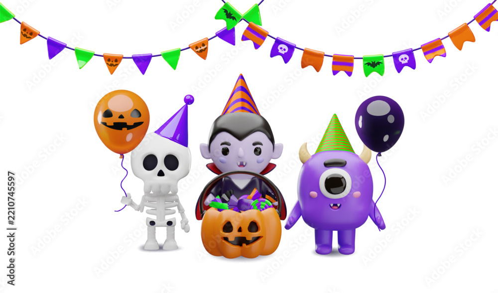 Obraz premium 3D halloween spooky cartoon character template vector illustration. Ghost pumpkin balloon bunting bucket and festive monster scene with cute glossy colorful decorative details.