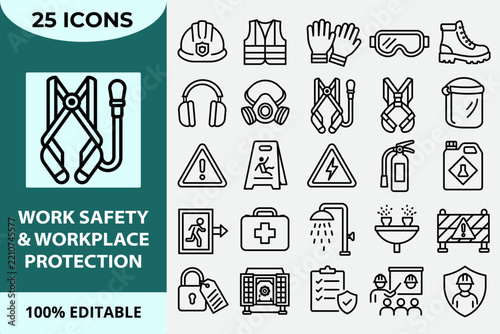 Workplace safety and occupational hazard prevention symbols for protective equipment, emergency response and safe work.