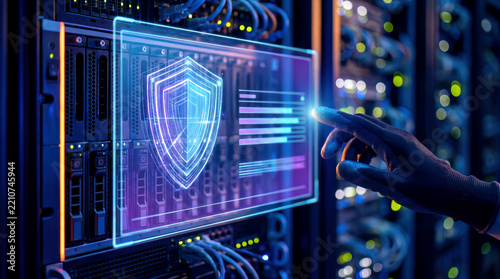 Cybersecurity Professional Interacting With Digital Shield Interface In A Futuristic Enterprise Data Center Environment