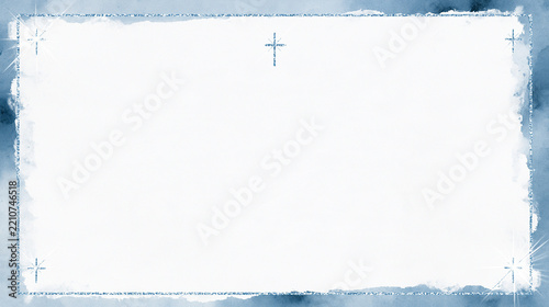 Minimalist Christian watercolor background with glowing blue crosses, soft sky blue washes, elegant border and spacious white copy space for religious designs.
