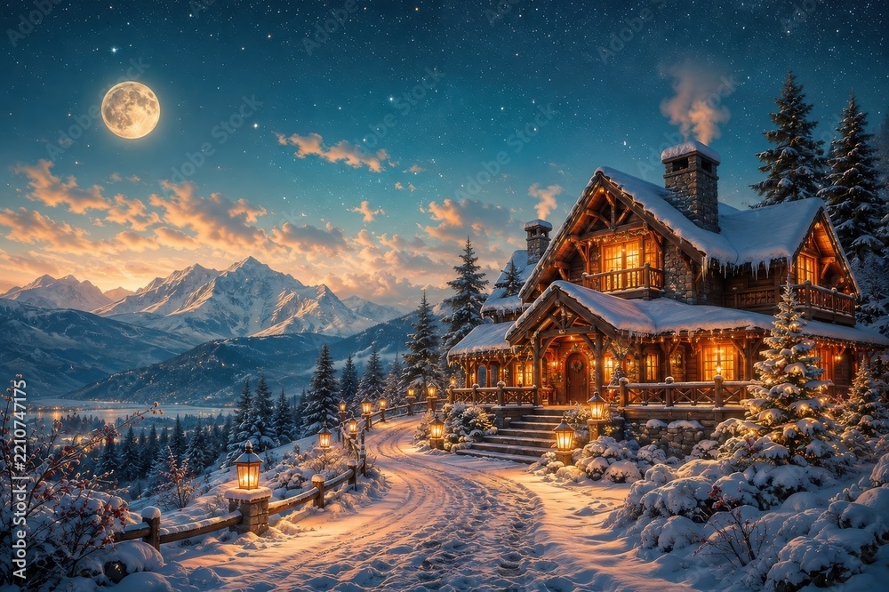 Obraz premium Cozy snow-covered mountain cabin beneath glowing winter moon
