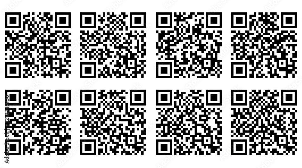 Fototapeta premium Eight Unique QR Codes Arranged in a Grid Pattern Isolated on a Clean White Background