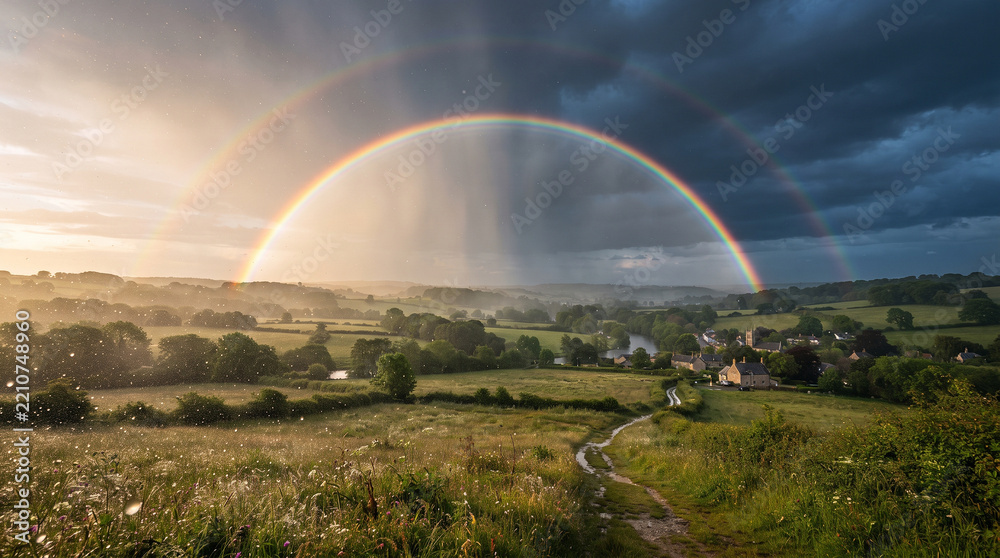 Obraz premium Double Rainbow Over Rolling Hills: A stunning double rainbow arches majestically across a dramatic sky.