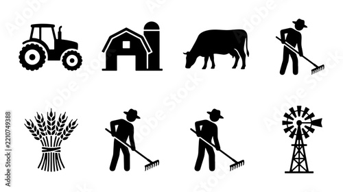 Farm and agriculture silhouettes set with tractor, barn, cow, farmer raking, wheat and windmill for rural design