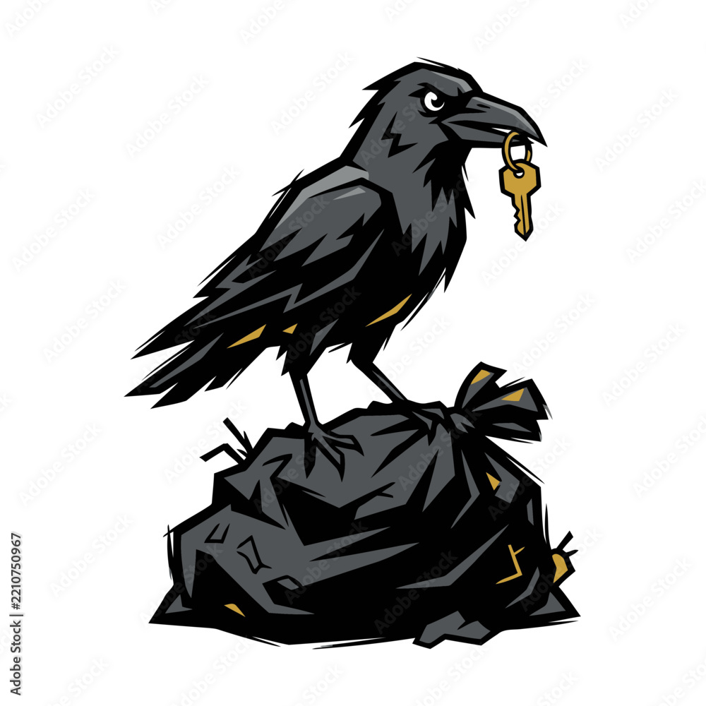 Obraz premium Stylized raven standing on a trash bag holding a gold key in its beak