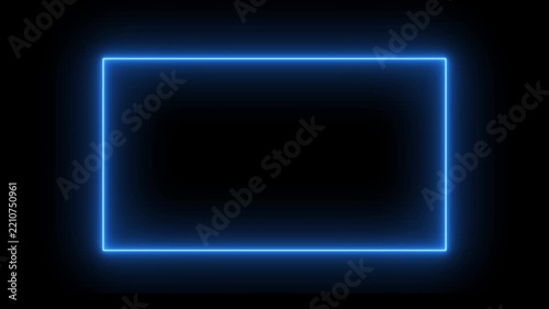 flickering blue neon rectangular frame border on black background. abstract light border with neon blue glowing edges for digital overlay. digital blue light rectangle border with soft glowing effect.