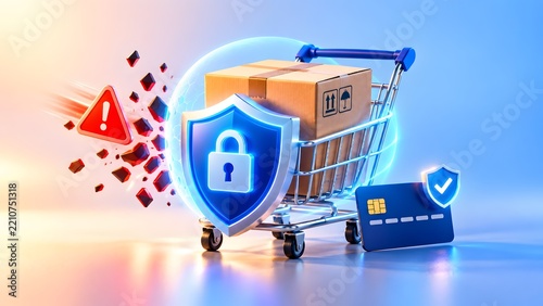 Secure online shopping and ecommerce delivery protection concept with glowing shield protecting a shopping cart from threats