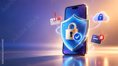 Comprehensive mobile cybersecurity concept with smartphone shield protecting against phishing emails and securing cloud data