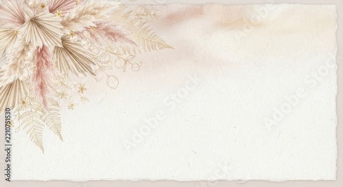 Boho Dried Flower Frame with Pampas Grass and Palm Leaves on Textured Paper