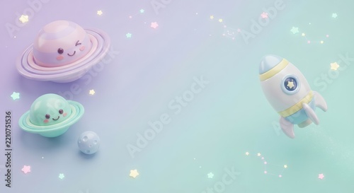 Cute 3D Cartoon Rocket and Planets Floating on a Pastel Gradient Surface