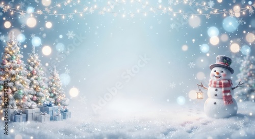 Cute snowman with lantern and Christmas trees on snowy background with copy space