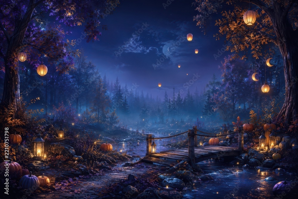 Obraz premium Enchanted autumn forest bridge beneath lantern-lit moonlit sky