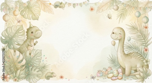 Watercolor baby dinosaur birthday frame with tropical leaves and copy space