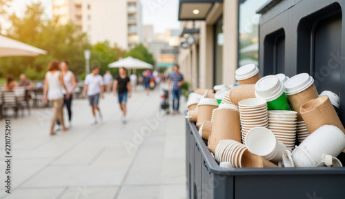 Overflowing recycling bin with coffee cups feeling wasteful at a bustling cafe