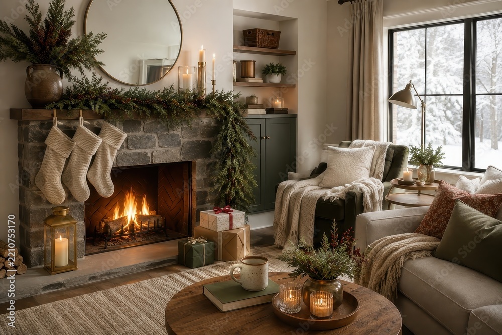 Obraz premium Cozy winter living room with fireplace, stockings and snowy view