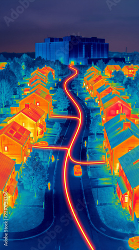 Thermal imaging of residential houses and street at night