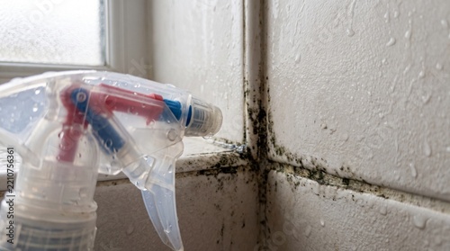 Spray bottle targeting mold growth on bathroom wall corner with cleanable surface