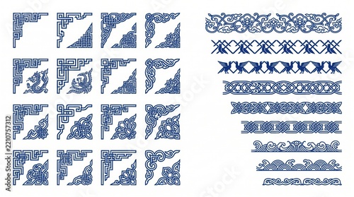Set of traditional chinese decorative corner frames and border patterns, vector illustration