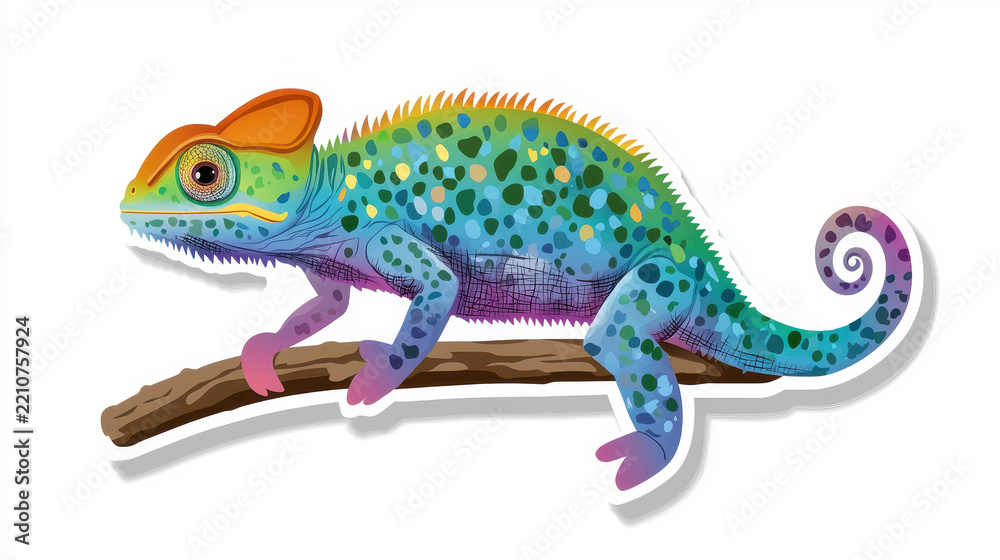 Fototapeta premium Colorful chameleon illustration on branch, showcasing vibrant patterns and textures, evoking sense of nature beauty and diversity