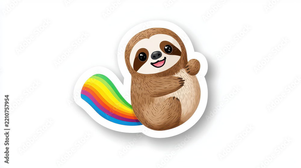 Obraz premium Cute sloth sticker design featuring smiling sloth with colorful rainbow tail, perfect for adding cheerful touch to any item