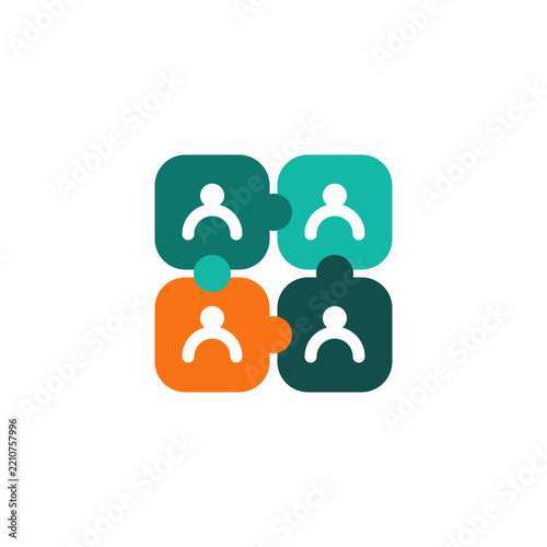 Teamwork puzzle design with four connected pieces representing human collaboration and solution.