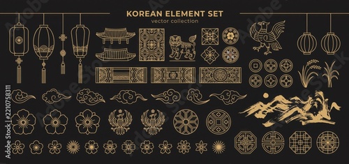 Asian design element set. Vector decorative collection of patterns, lanterns, flowers , clouds, ornaments in chinese and japanese style.